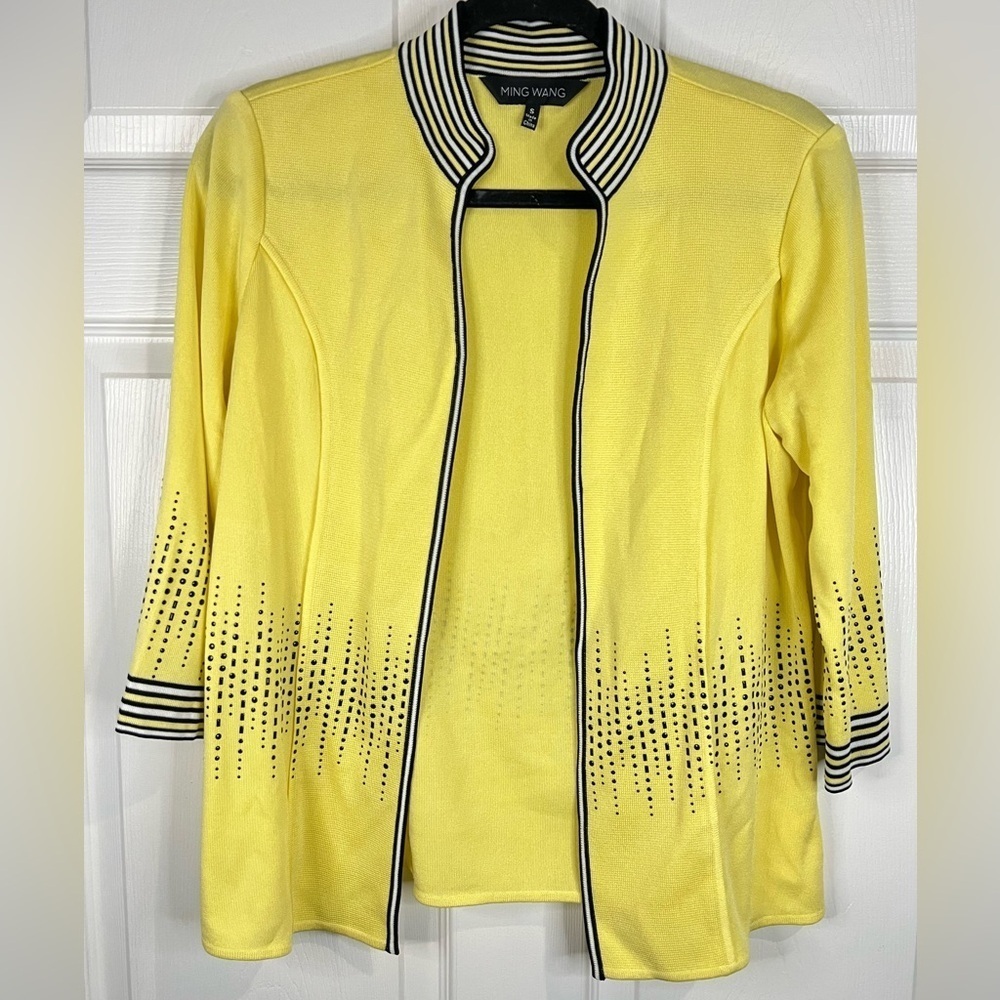 Ming Wang knitwear cardigan - yellow/black/white with dotted pattern - Sz Small